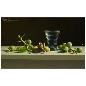 Stilleven met walnoten en romeins glas