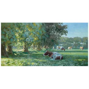 Koeien bij bomenrij in ochtendlicht