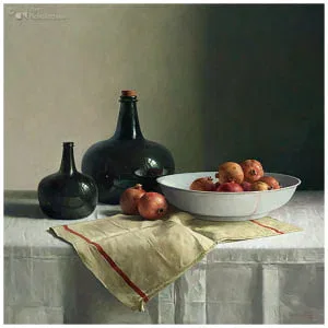 Stilleven met granaatappels op Chinese schaal