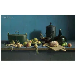 Stilleven met fruit en brood tegen blauw