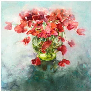 een schilderij van rode bloemen in een groene vaas