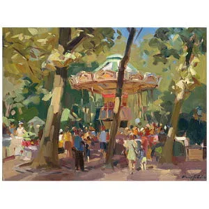 een schilderij van mensen die rondlopen in het park