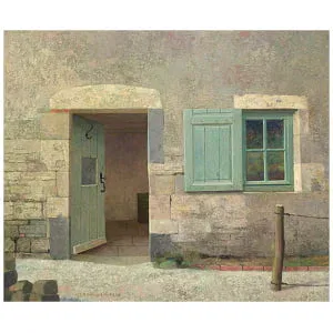 een schilderij van een oud gebouw met groene luiken