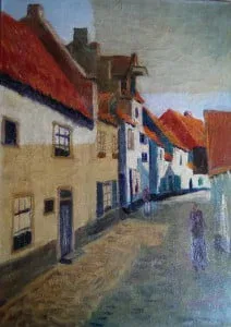 een schilderij van een persoon die door een straat loopt