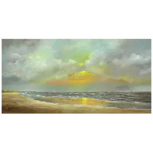 een schilderij van een strand met wolken en water