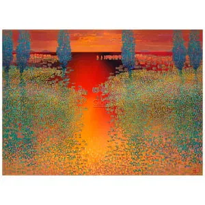 een schilderij van bomen en water bij zonsondergang