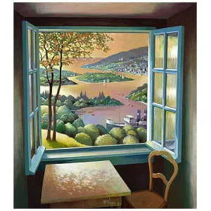 een schilderij van een tafel en stoel voor een raam