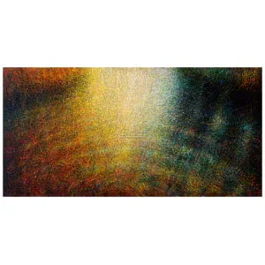 een abstract schilderij van bomen en gras