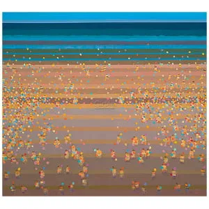 een abstract schilderij van mensen die op het strand lopen