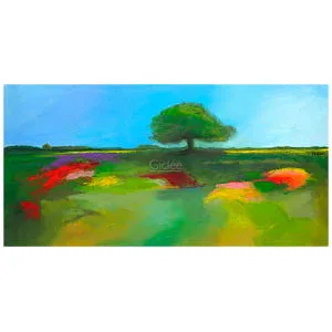 een schilderij van een boom midden in een veld