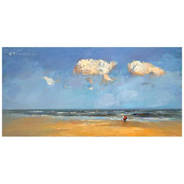 een schilderij van een persoon die op het strand loopt