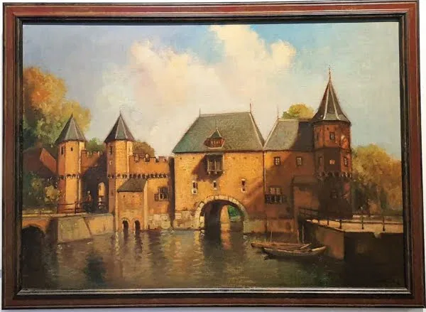 een olieverfschilderij van een kasteel aan het water