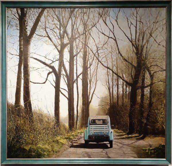 een schilderij van een blauwe vrachtwagen die over een onverharde weg rijdt