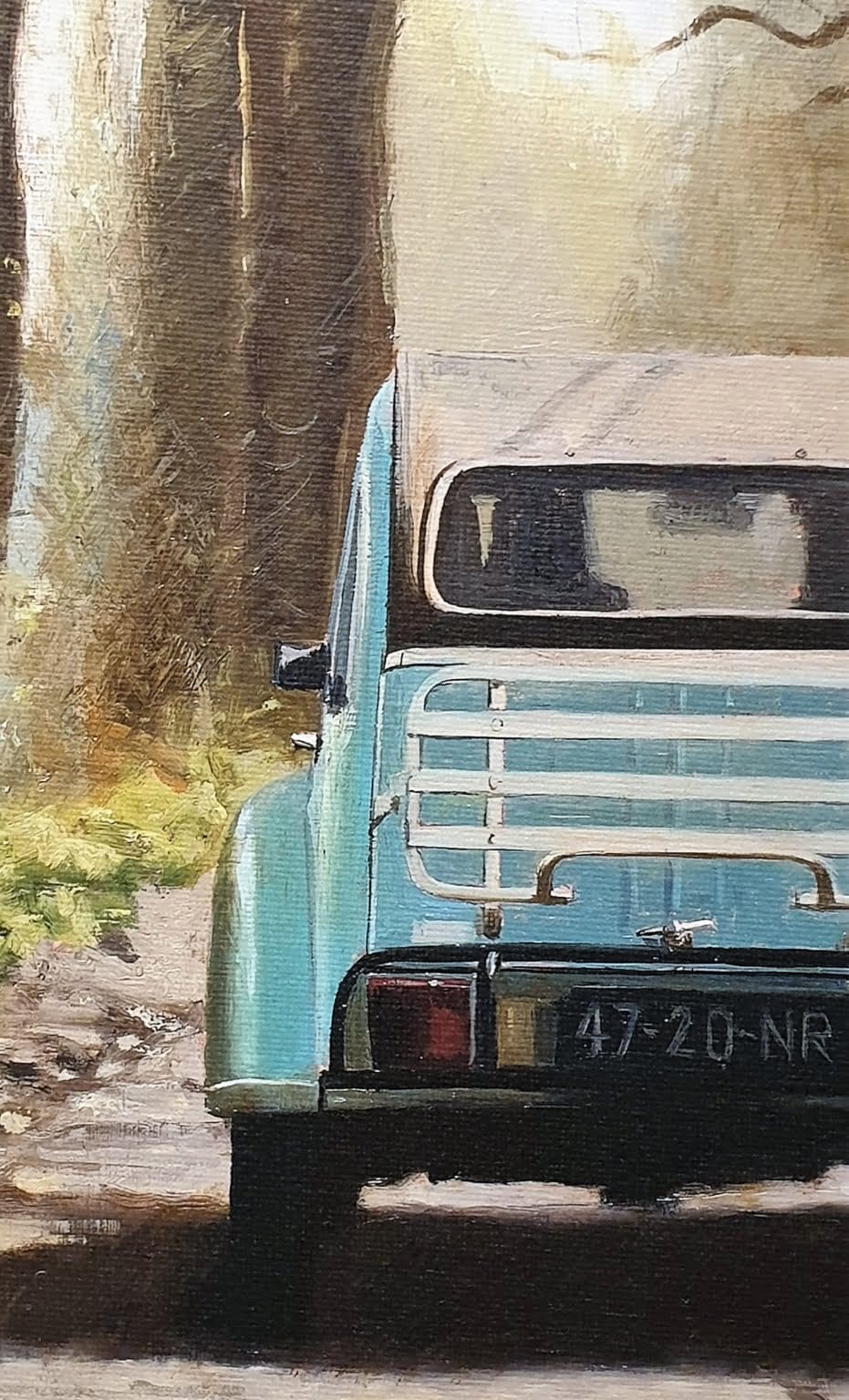 een schilderij van een blauwe vrachtwagen geparkeerd aan de kant van een weg