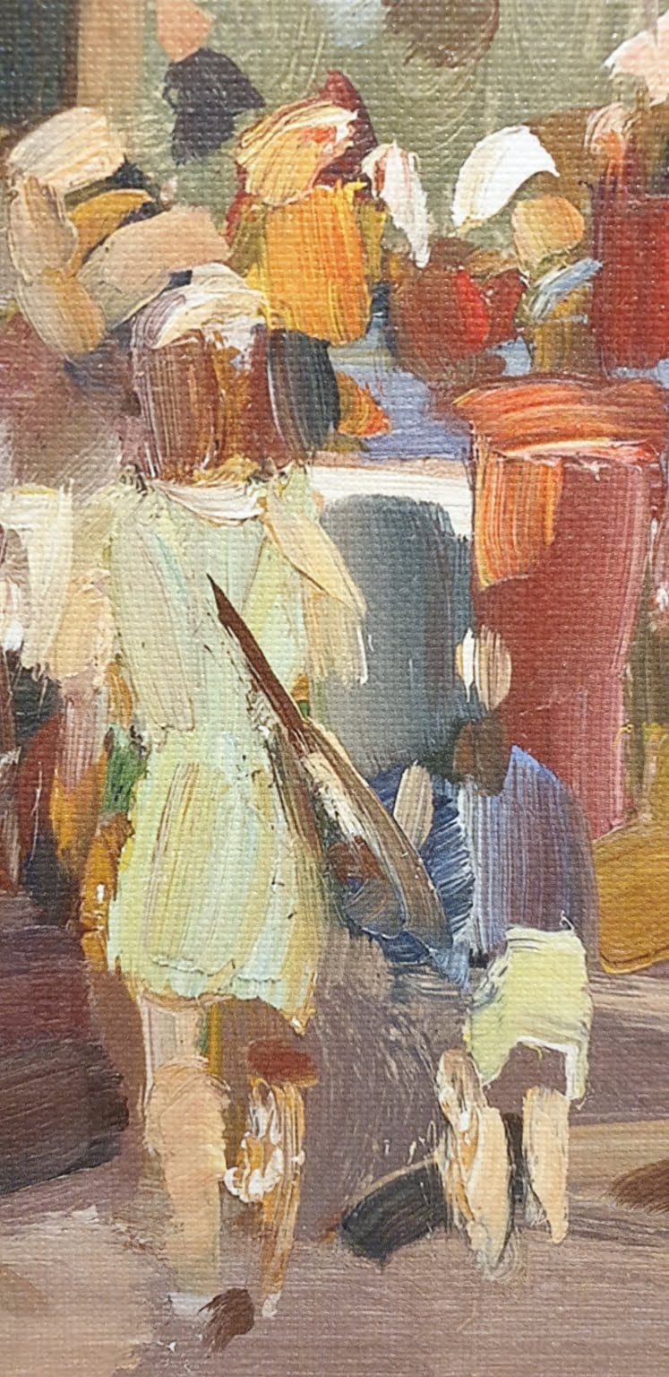 een schilderij van een vrouw die door de straat loopt