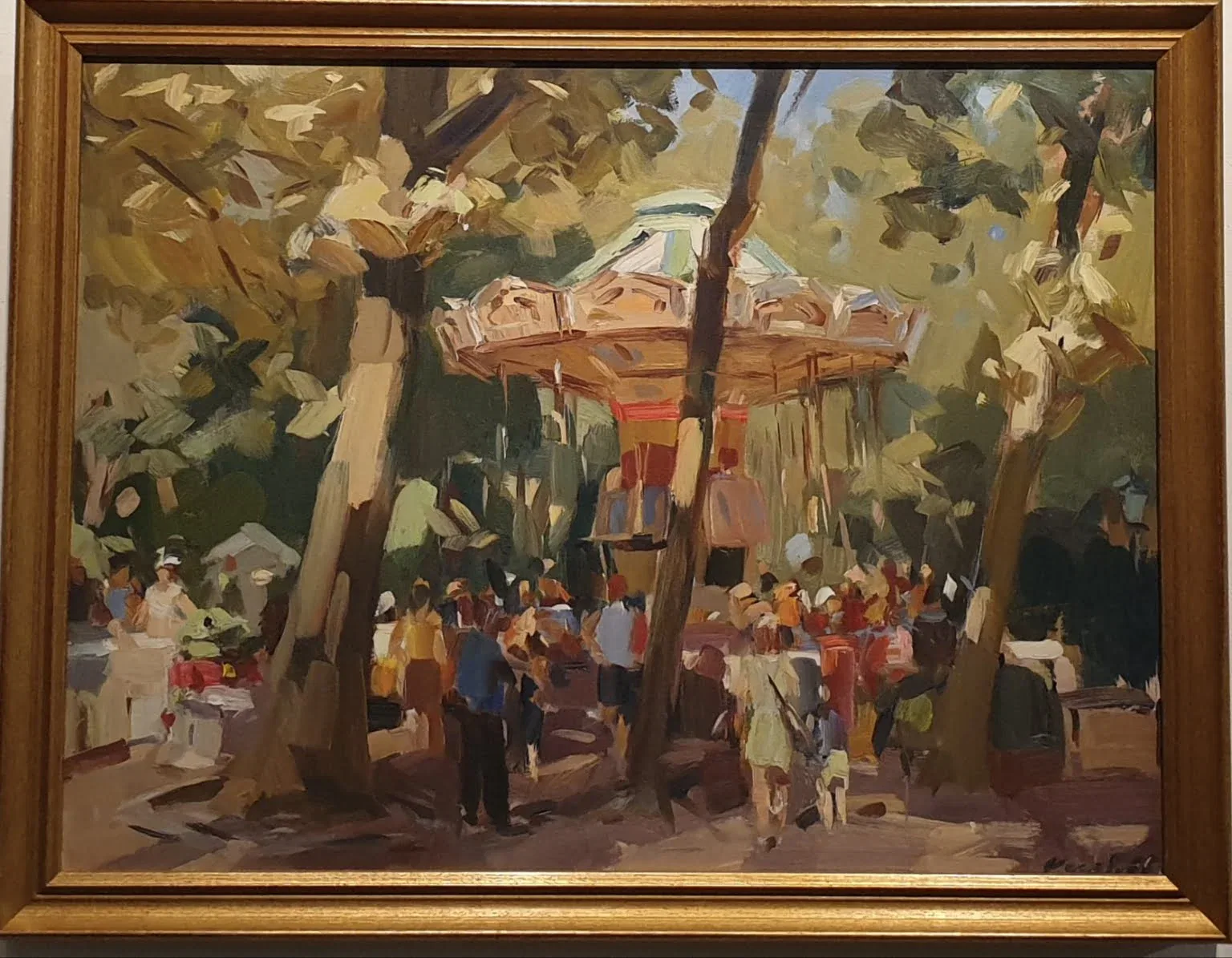 een schilderij van mensen die rondlopen in een park