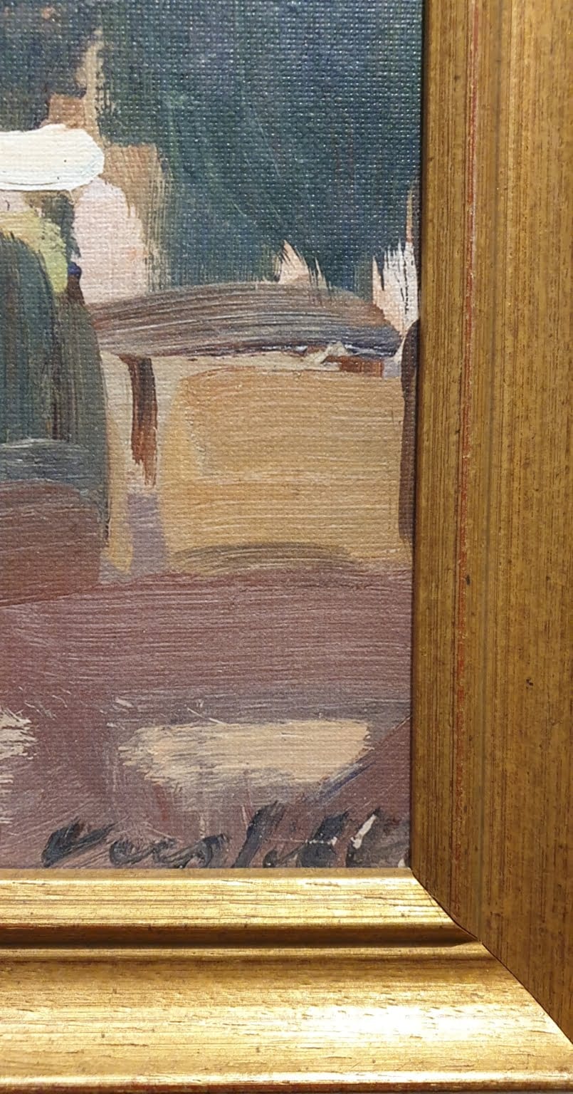 een olieverfschilderij van een kat zittend op een richel