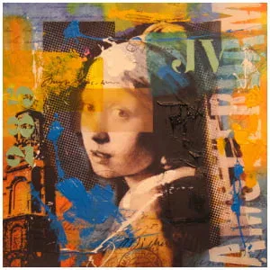 een collage van een afbeelding van een vrouw met een klokkentoren op de achtergrond