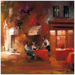 een schilderij van mensen die buiten aan een tafel zitten