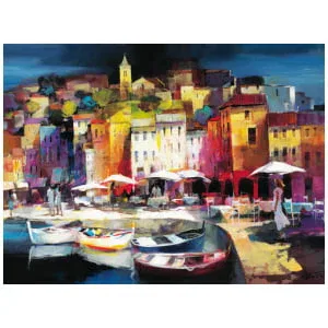 een schilderij van boten aangemeerd in een haven