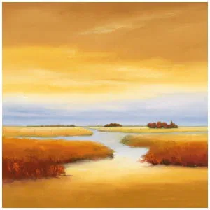 een schilderij van een rivier die door een veld stroomt