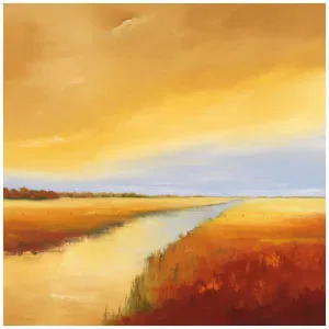 een olieverfschilderij van een zonsondergang boven een moeras