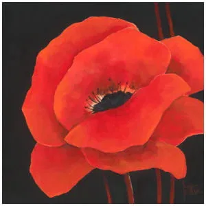 een schilderij van een oranje bloem op een zwarte achtergrond