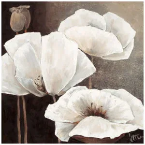 een schilderij van drie witte bloemen op een zwarte achtergrond