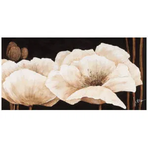 een schilderij van drie witte bloemen op een zwarte achtergrond