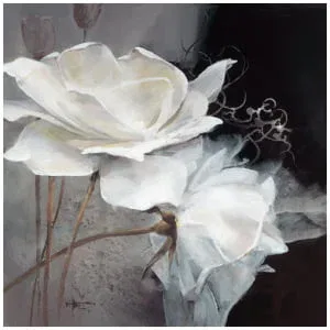 een schilderij van twee witte bloemen in een vaas