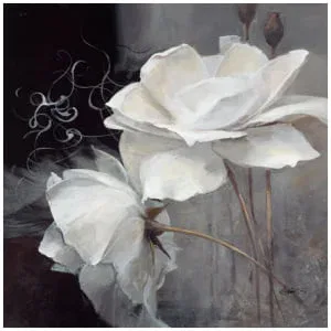 een schilderij van twee witte bloemen op een zwarte achtergrond