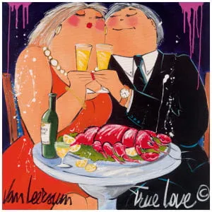 een schilderij van twee mensen die champagne drinken en kreeften eten