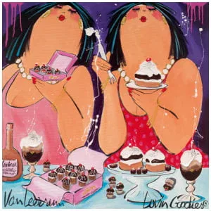 een schilderij van een vrouw die taart eet en wijn drinkt