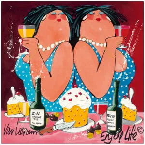 een schilderij van twee vrouwen die champagne drinken en cupcakes eten