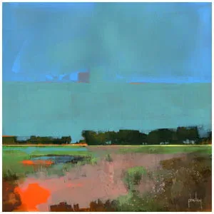 een abstract schilderij met blauwe, oranje en groene kleuren