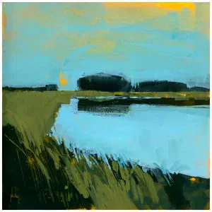 een abstract schilderij met blauwe en gele kleuren