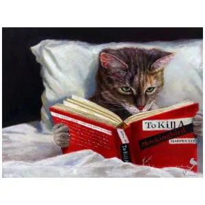 een schilderij van een kat die een boek leest