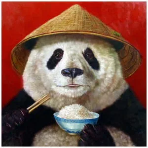 een schilderij van een panda die rijst eet