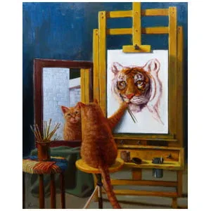 een schilderij van een tijger en een kat op een ezel