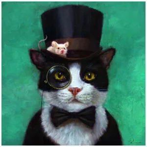 een zwart-witte kat met hoge hoed en bril