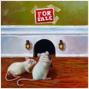 een schilderij van twee muizen voor een te koop bord