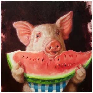 een schilderij van een varken dat een stuk watermeloen vasthoudt