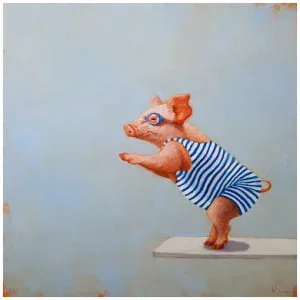 een schilderij van een varken dat een blauw-wit gestreept shirt draagt