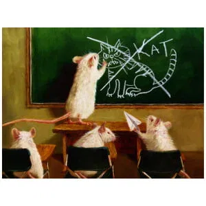 drie muizen zitten op stoelen voor een schoolbord