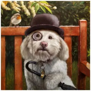 een schilderij van een hond met een hoed en een bril