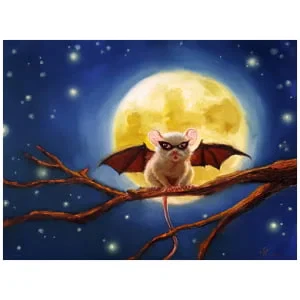 een schilderij van een vleermuis zittend op een tak