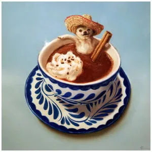 een schilderij van een kop warme chocolademelk met marshmallows