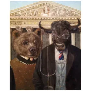 een schilderij van twee dieren die een bril dragen en naast elkaar staan