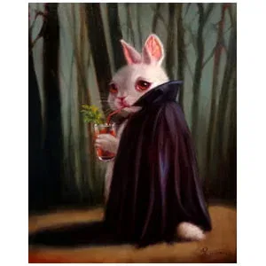 een schilderij van een kat verkleed als vleermuis