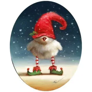 een schilderij van een kabouter met rode en groene laarzen